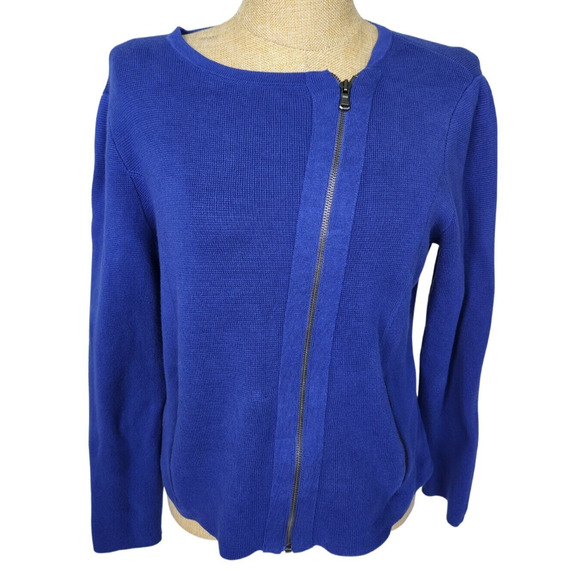 Chico's Moto Cardigan Sweater Size 2 Large Blue Full Zip Long Sleeve Pockets - Picture 1 of 6